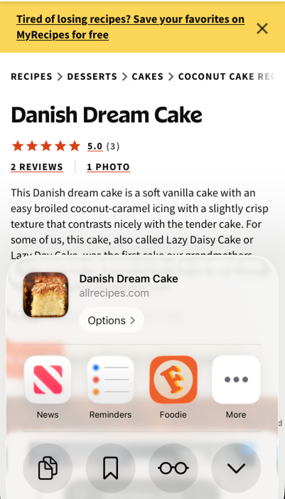 iOS share sheet showing Foodie as a sharing option